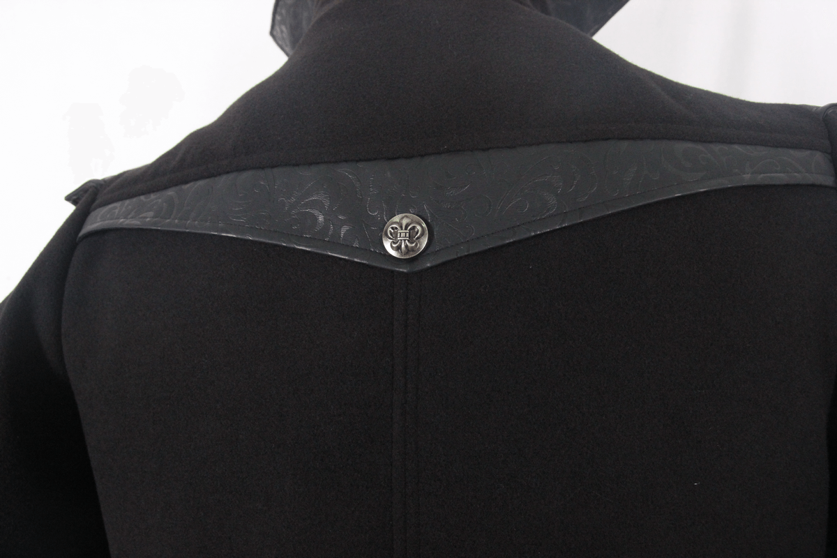 Back view of a Gothic black trench coat with intricate design and decorative button detail.