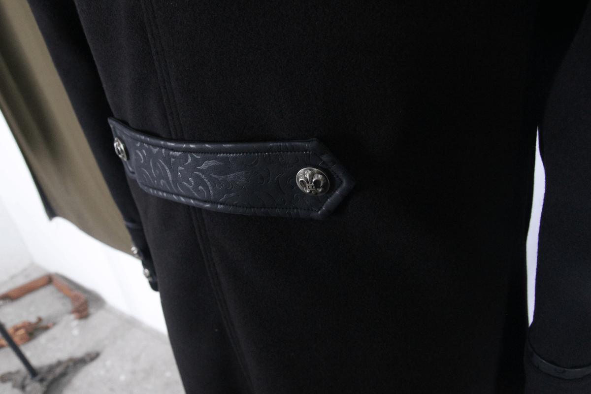 Close-up of the Gothic Zipper Long Trench Coat showing detailed leather embellishment and stylish buttons.