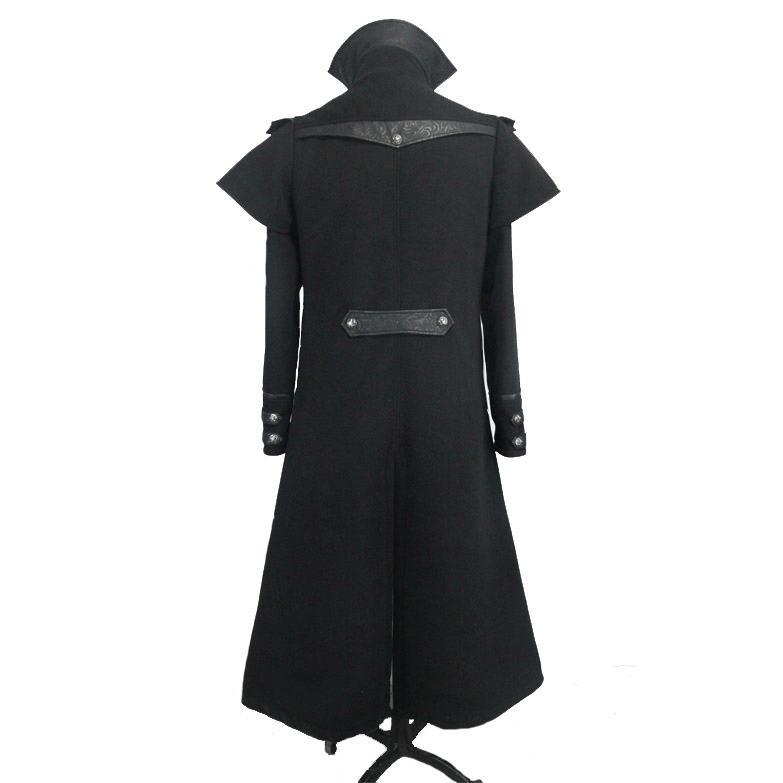 Back view of a stylish black gothic zipper long trench coat for men with a turndown collar and vintage design.