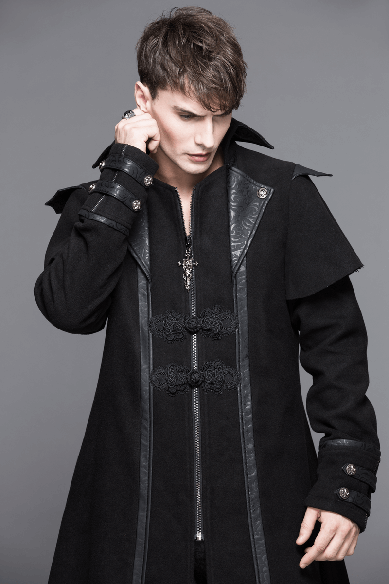Men's gothic black trench coat with turndown collar and intricate detailing, perfect for a stylish steampunk look.