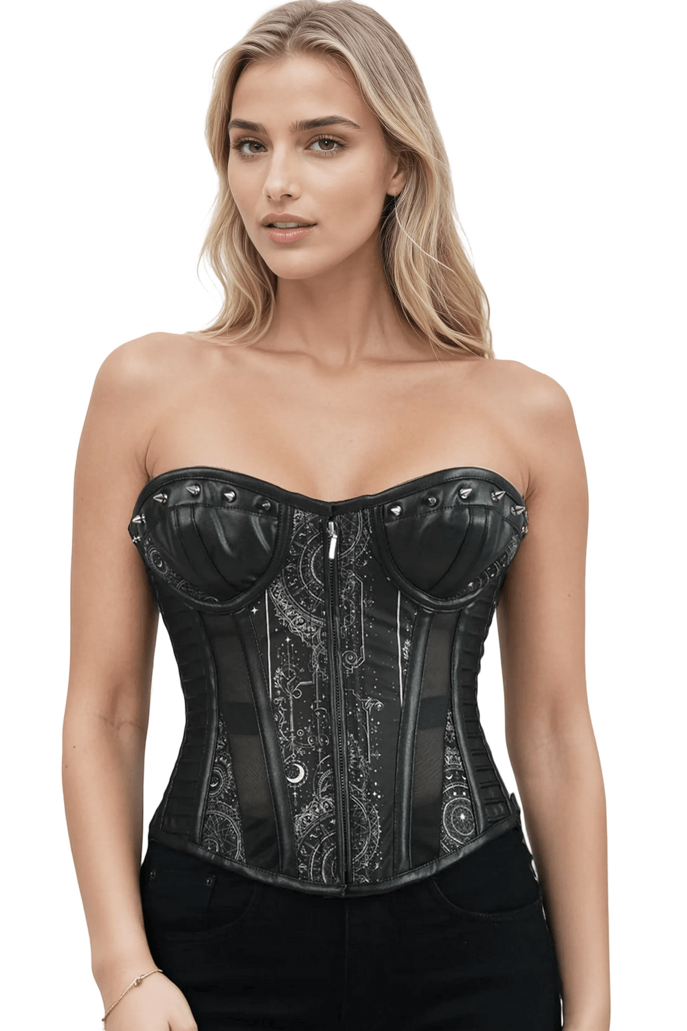 Gothic Zodiac Overbust Corset with Stud Details showcasing celestial patterns and front zipper, perfect for gothic elegance.