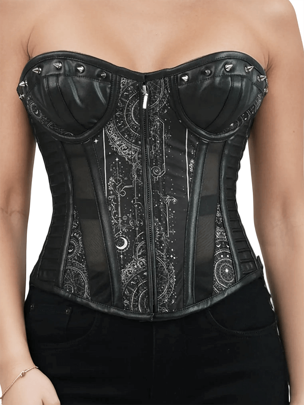 Gothic Zodiac Overbust Corset with Stud Details featuring celestial print and faux leather trims.