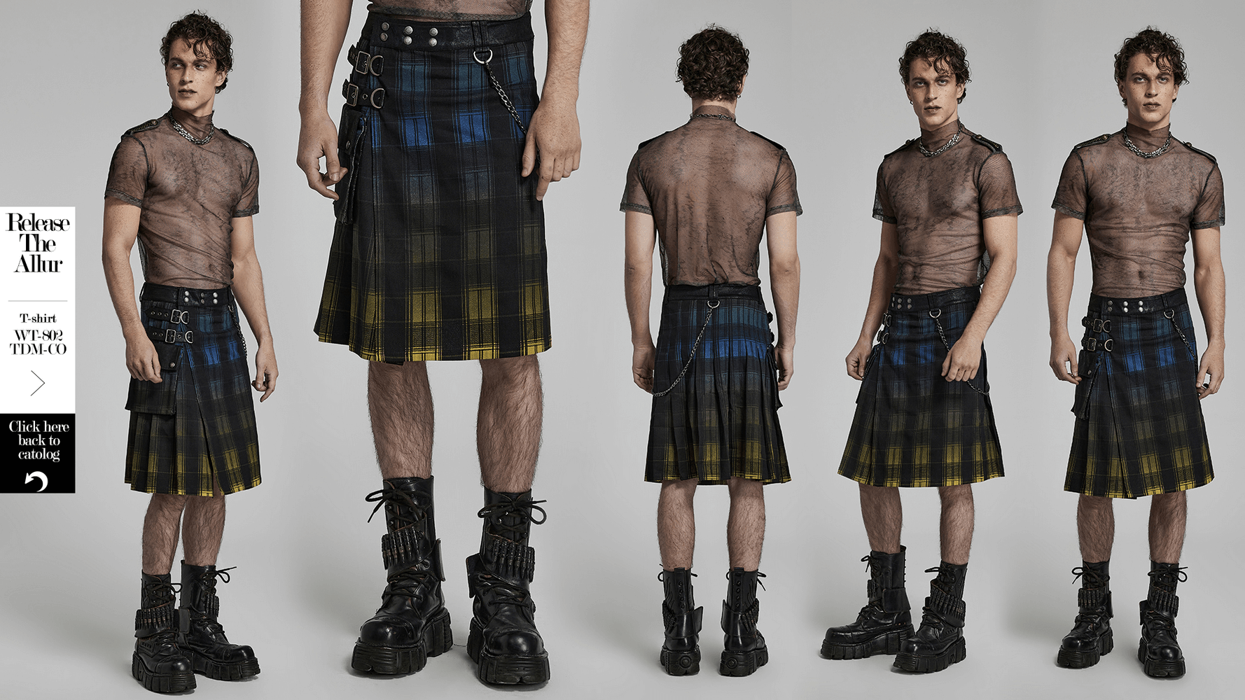 Model showcasing a gradient Scottish punk kilt with metal details and 3D pockets, paired with a sheer top and combat boots.