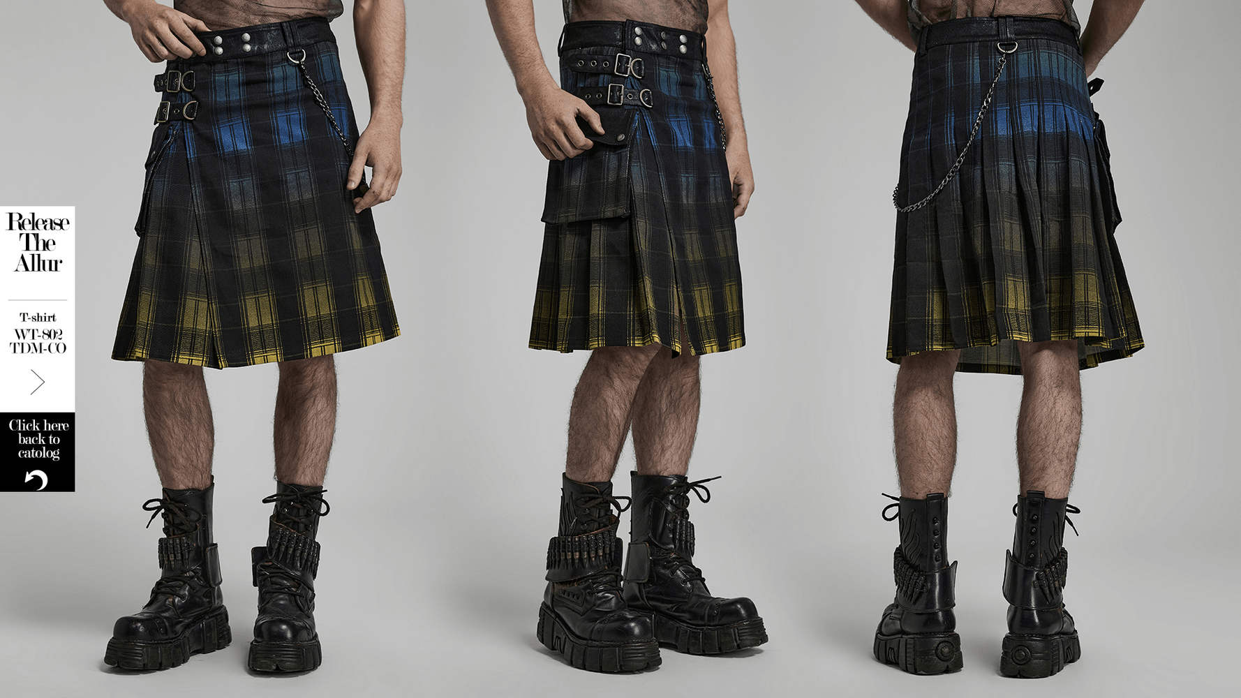 Gradient Scottish punk kilt with detachable metal details and chain, showcasing bold style and functionality.