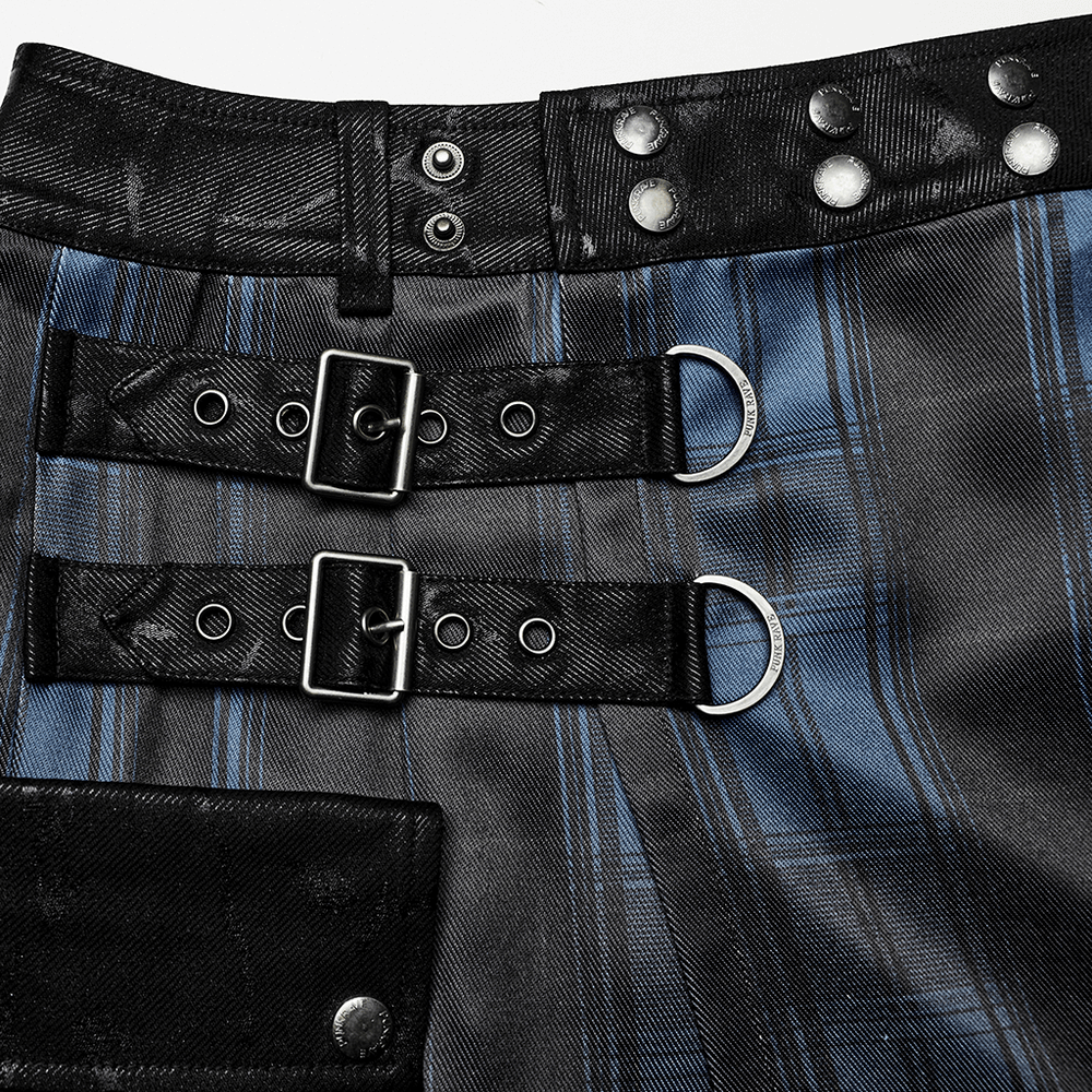 Close-up of the gradient Scottish punk kilt, featuring metal accents and detachable straps for a bold, edgy look.