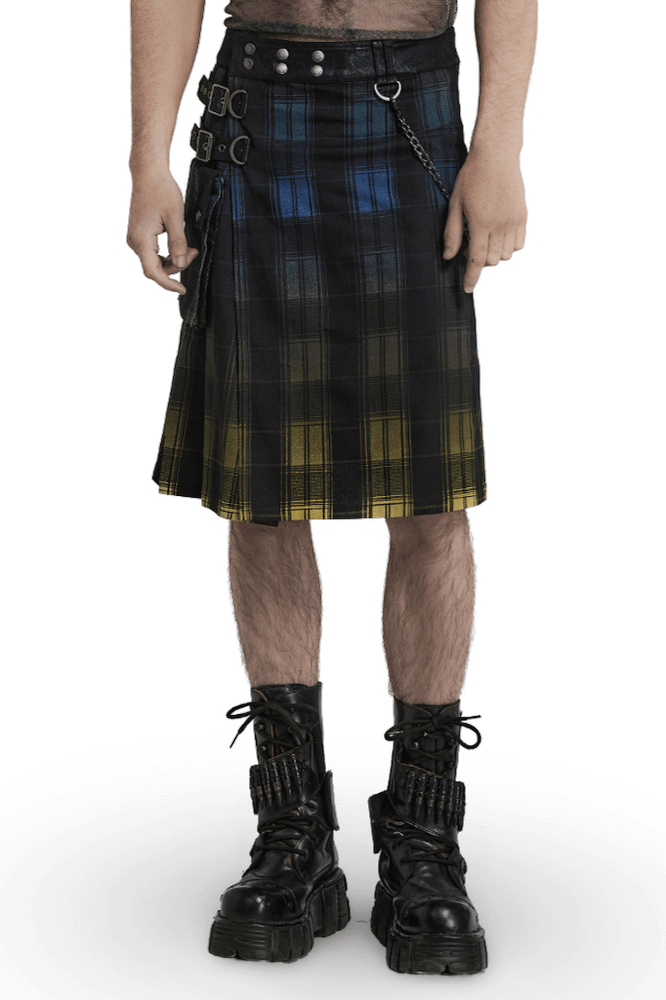 Gradient Scottish punk kilt with metal accents and detachable chain, paired with heavy black boots.