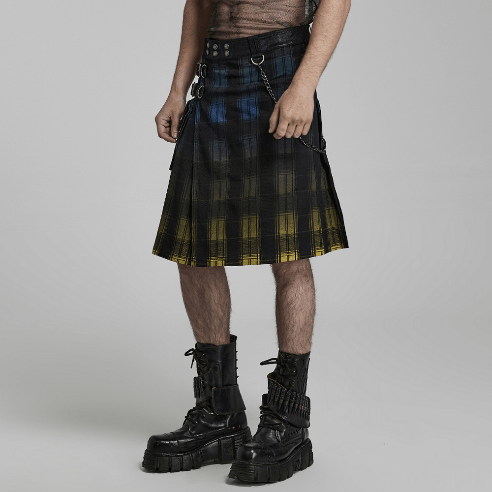 Punk gradient Scottish kilt with metal accents, featuring plaid design and detachable pockets on a stylish model.