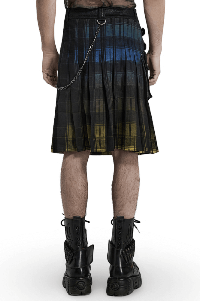 Back view of a punk gradient Scottish kilt with metal chain detail, featuring contrasting plaid patterns and stylish boots.