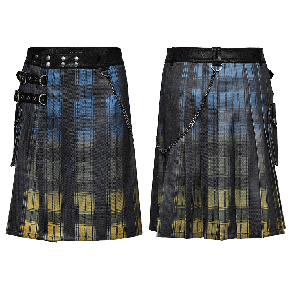 Gradient Scottish punk kilt with metal accents and detachable chain for a bold fashion statement.