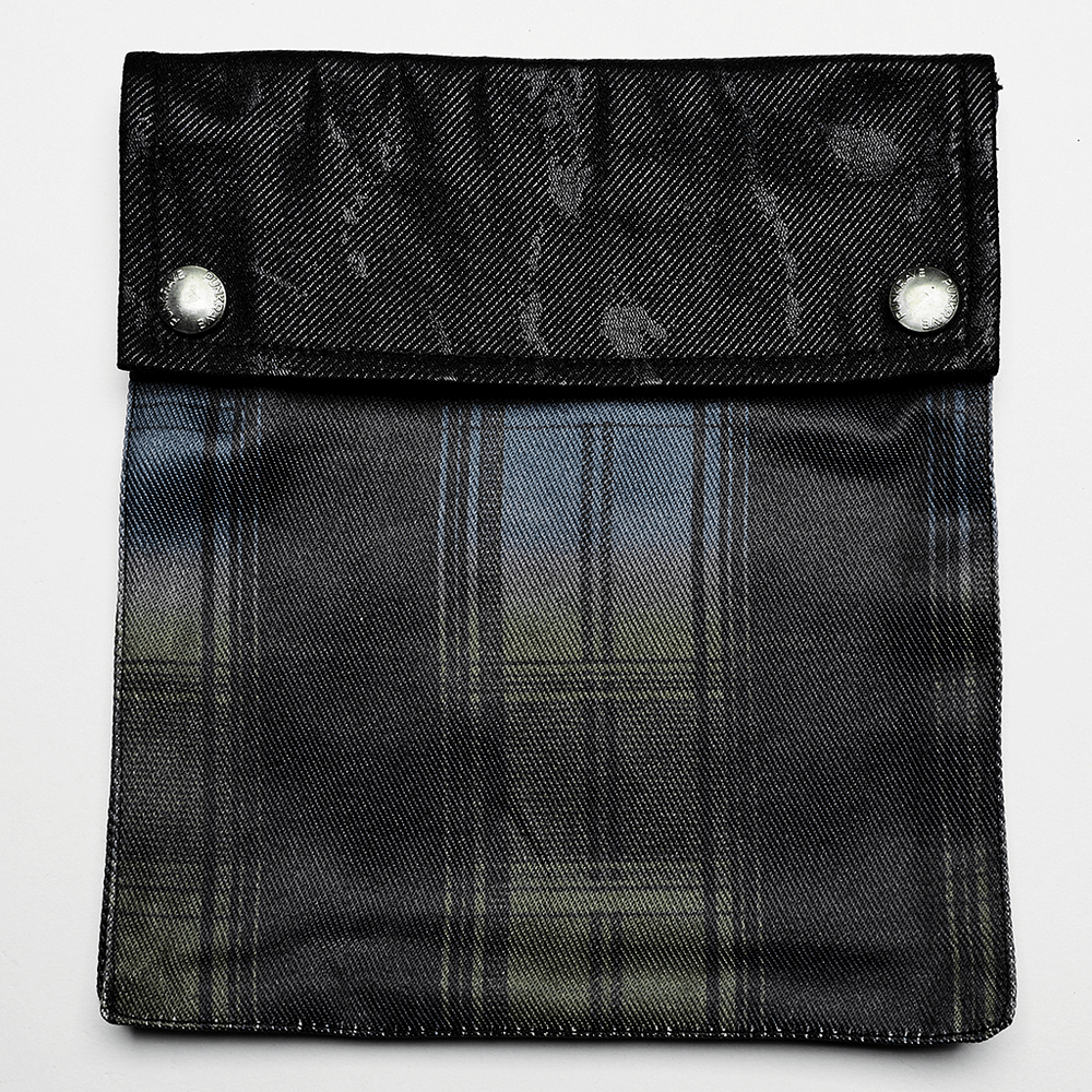 Detachable pocket from gradient Scottish punk kilt, featuring black plaid design and snap buttons.