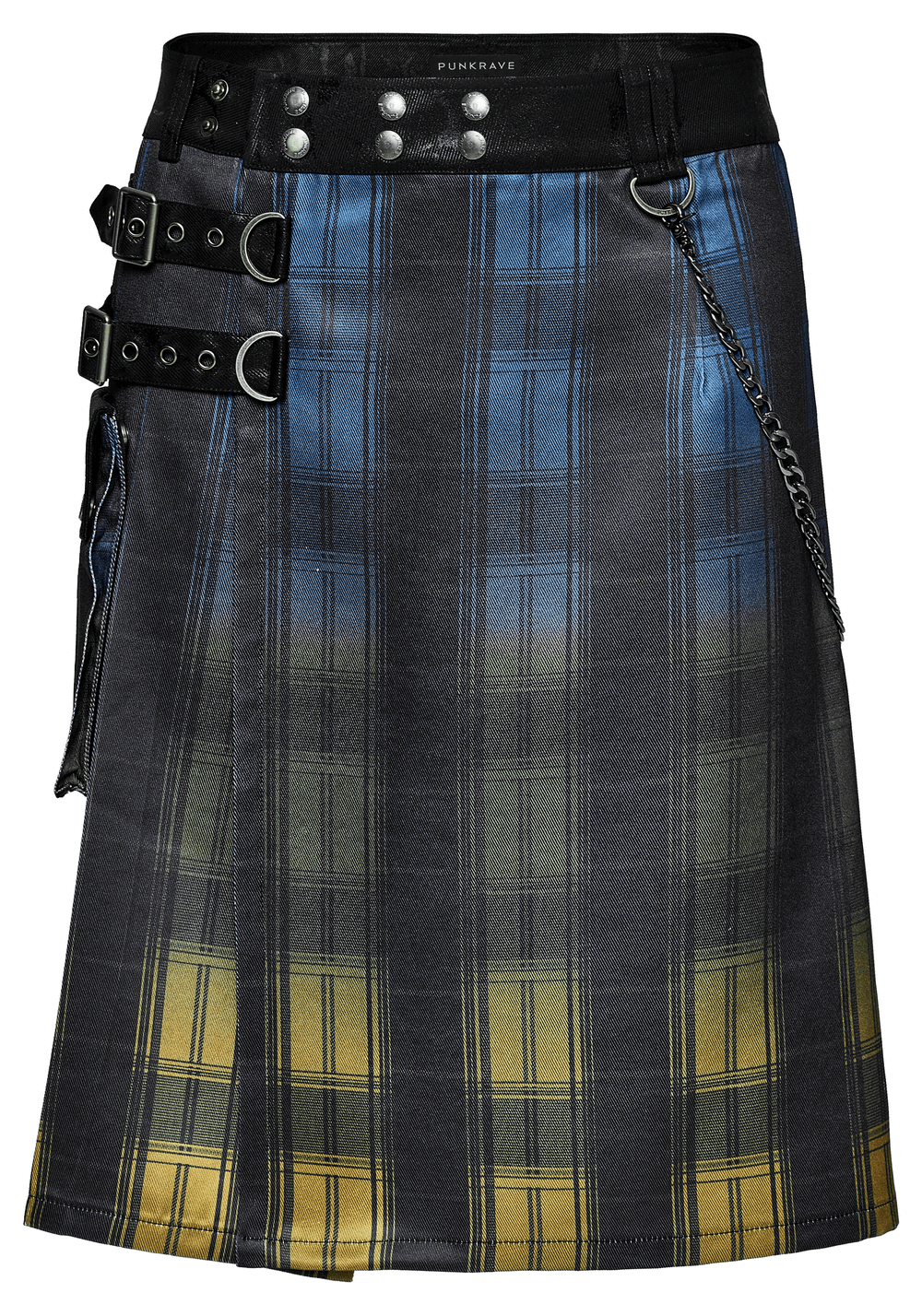 Gradient Scottish punk kilt with metal details and detachable pockets, featuring unique plaid design in blue and yellow.