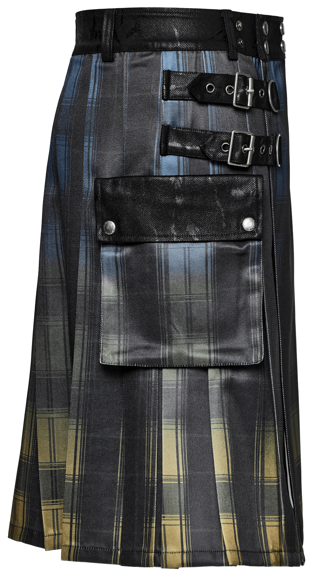 Gradient Scottish punk kilt with detachable metal details and 3D pockets, showcasing bold plaid design.