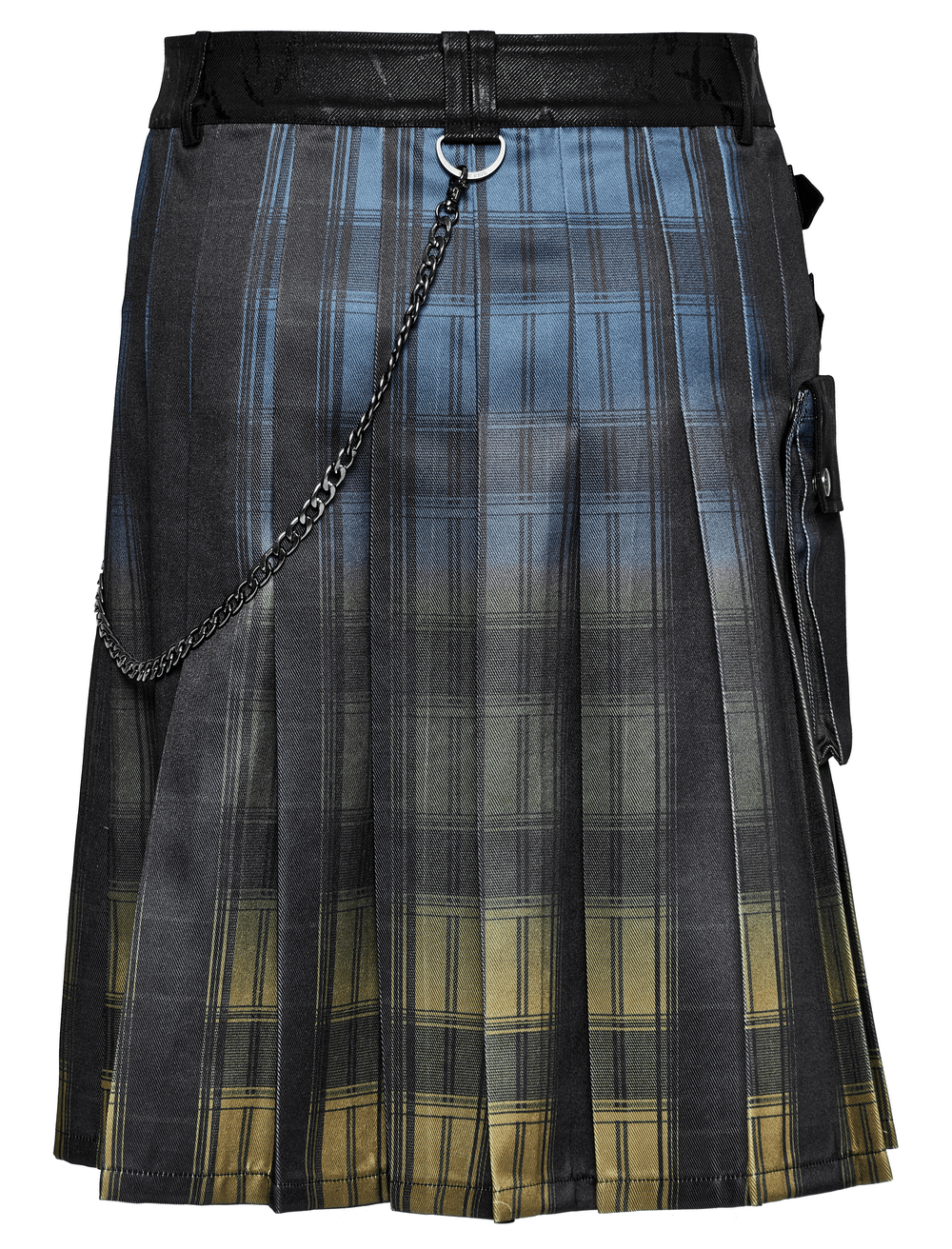 Gradient Scottish punk kilt featuring stylish metal chain, pockets, and a unique plaid design in blue and yellow.