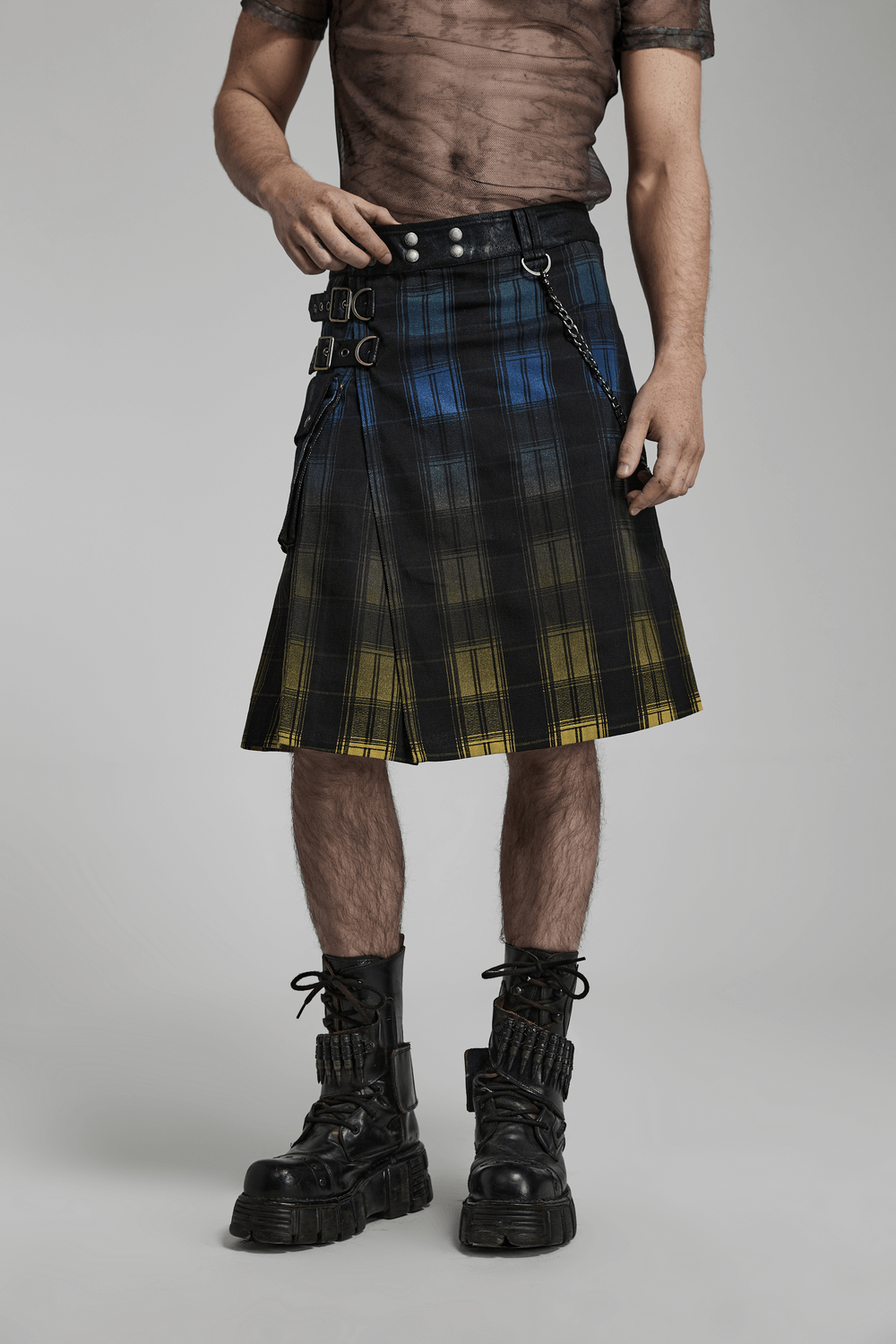 Punk gradient Scottish kilt with metal accents and chains, featuring a stylish plaid design in blue and yellow.