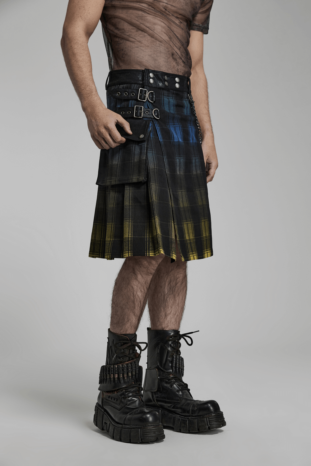 Gradient Scottish punk kilt with metal accents and 3D pockets, paired with chunky black boots.