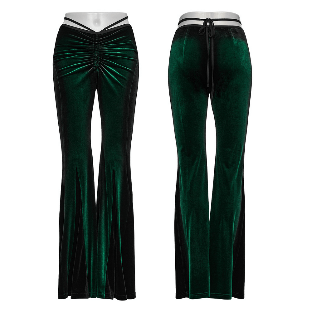 Gradient velvet flared pants with pleats and waist strap in green and black, showcasing an edgy gothic style.