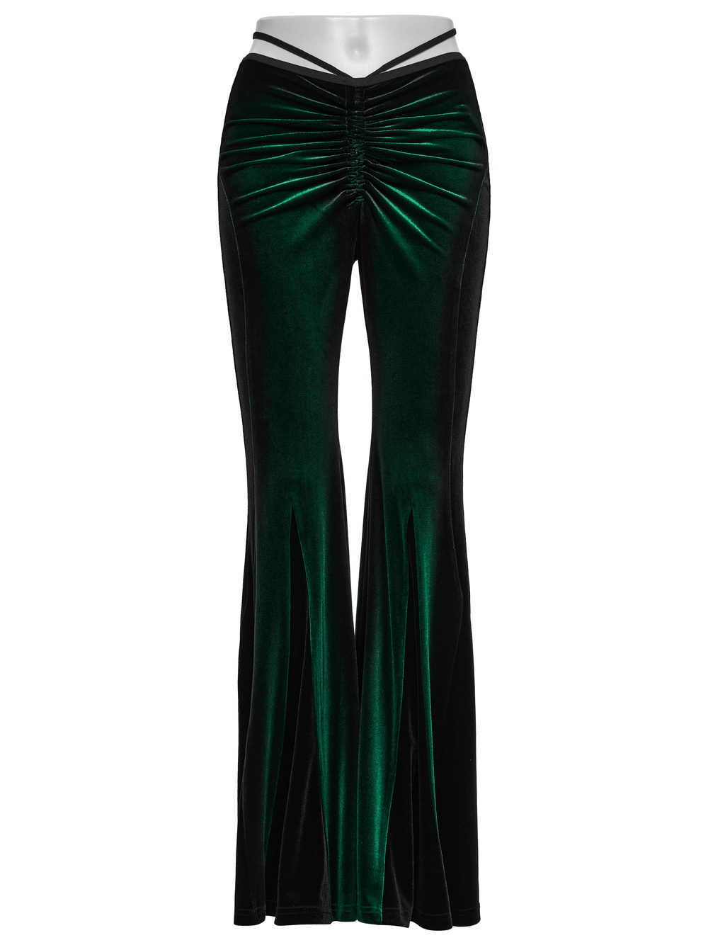 Gradient velvet flared pants with pleats and waist strap, showcasing a bold gothic-inspired design.