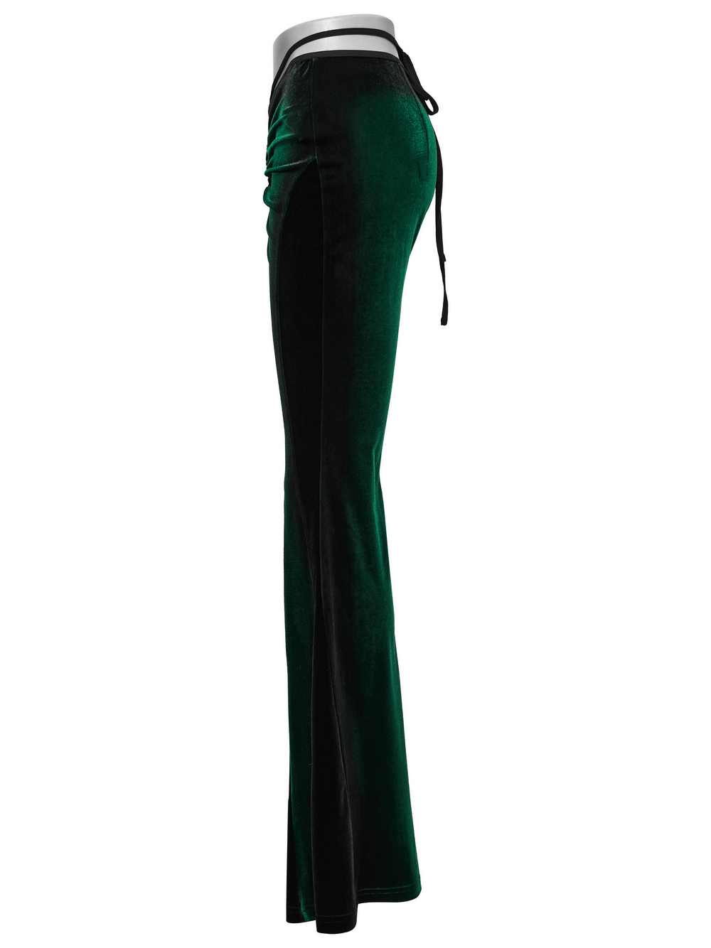 Gradient velvet flared pants showcasing a chic side view with pleats and a stylish waist strap, perfect for goth-inspired looks.