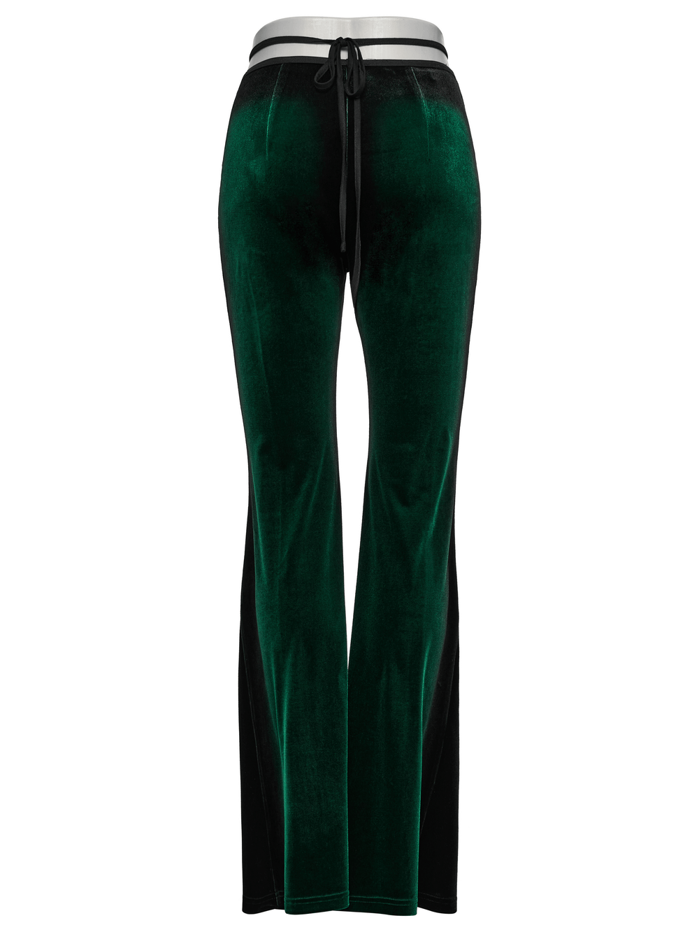 Gradient velvet flared pants with pleats and waist strap, showcasing gothic-inspired style and soft fabric.