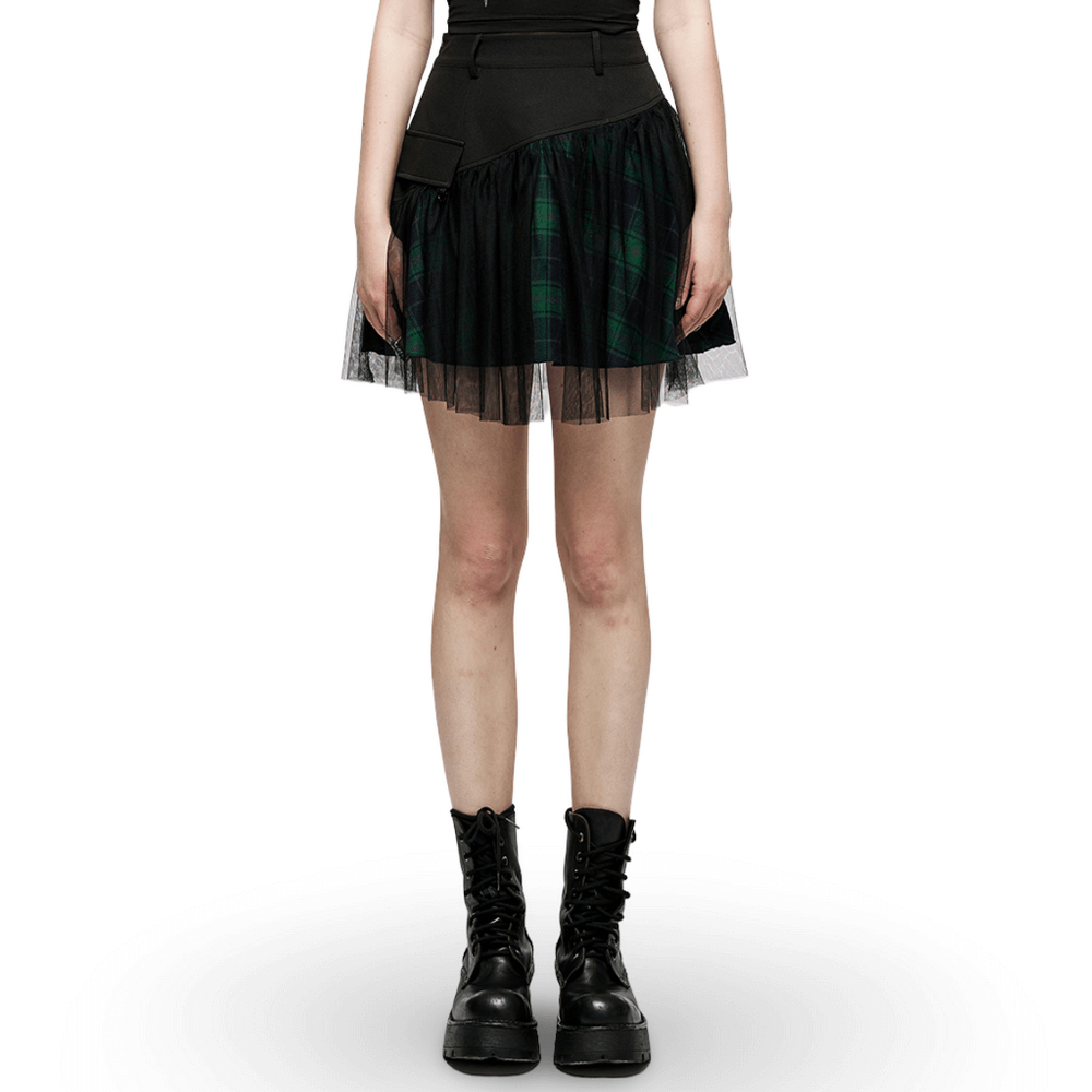 Grange Plaid High Waist Mini Skirt with Mesh Detail