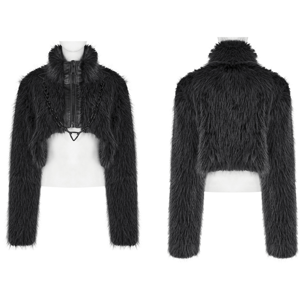 Gray faux fur crop jacket with removable chain accent, showcasing front and back views for women.