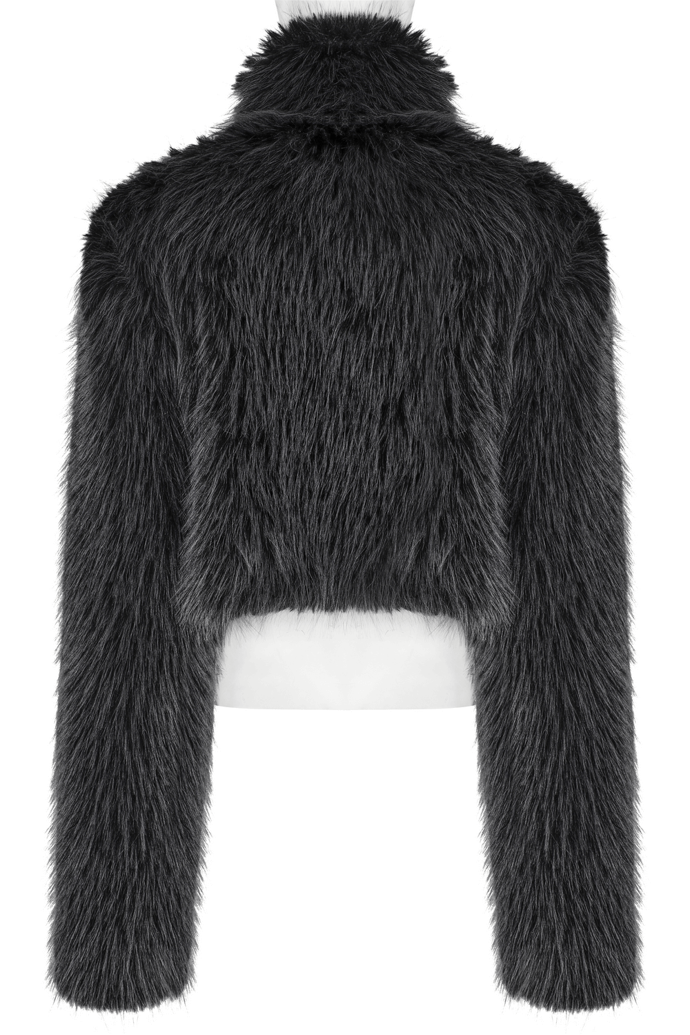 Back view of a stylish gray faux fur crop jacket with a modern design for edgy women's fashion.
