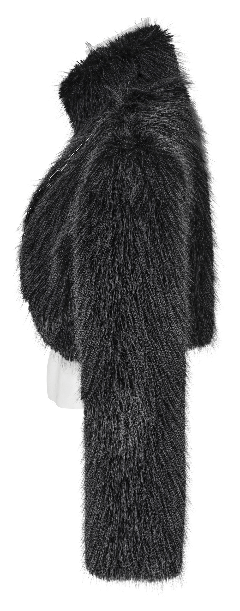 Edgy gray faux fur crop jacket with removable chain, showcasing a chic side view and stylish silhouette.