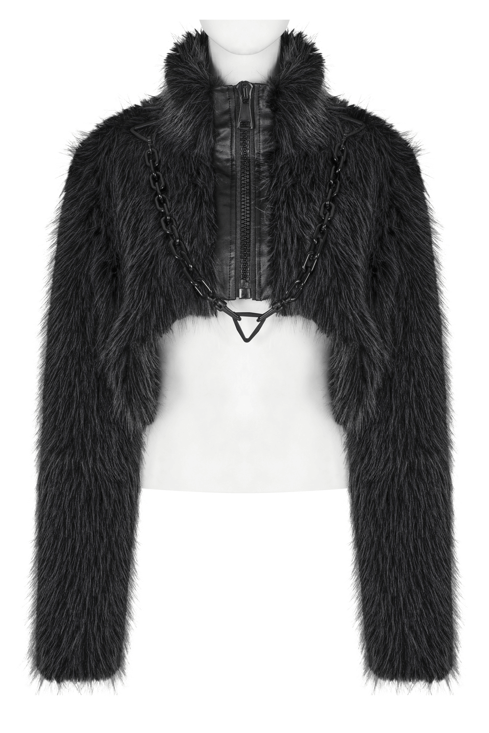 Edgy gray faux wool crop jacket with removable chain accent for women, featuring a bold silhouette.