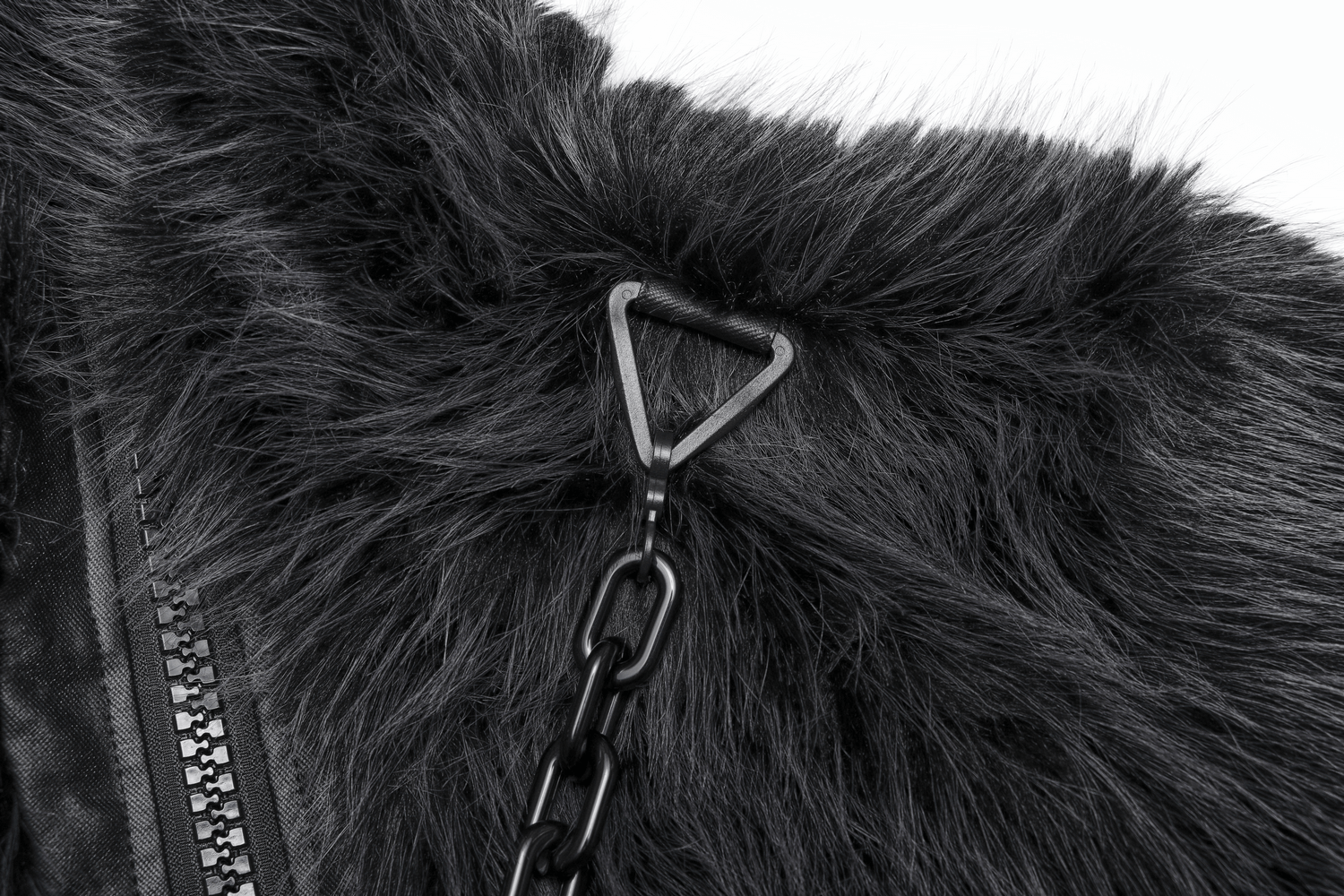 Close-up of gray faux wool jacket with removable chain accent and soft faux fur detailing.