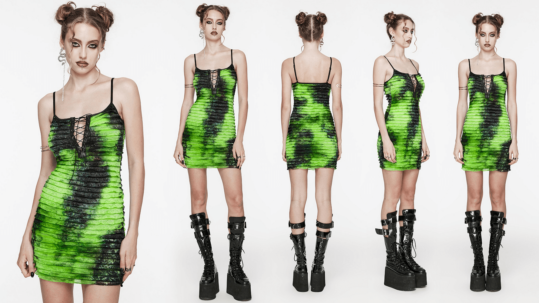 Edgy green and black tie dye ruffle dress with adjustable straps, perfect for a night out.