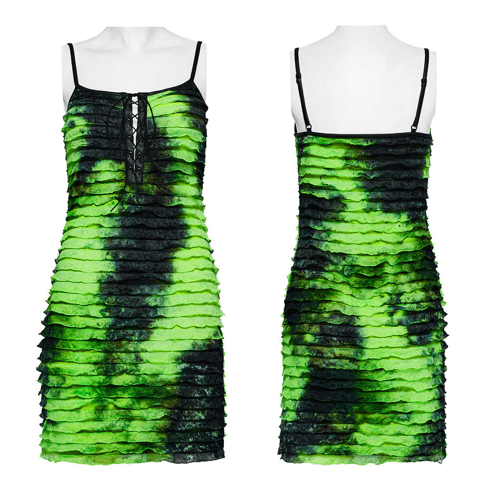 Edgy green and black tie-dye ruffle dress with adjustable straps, featuring a drawstring front for a flattering fit.