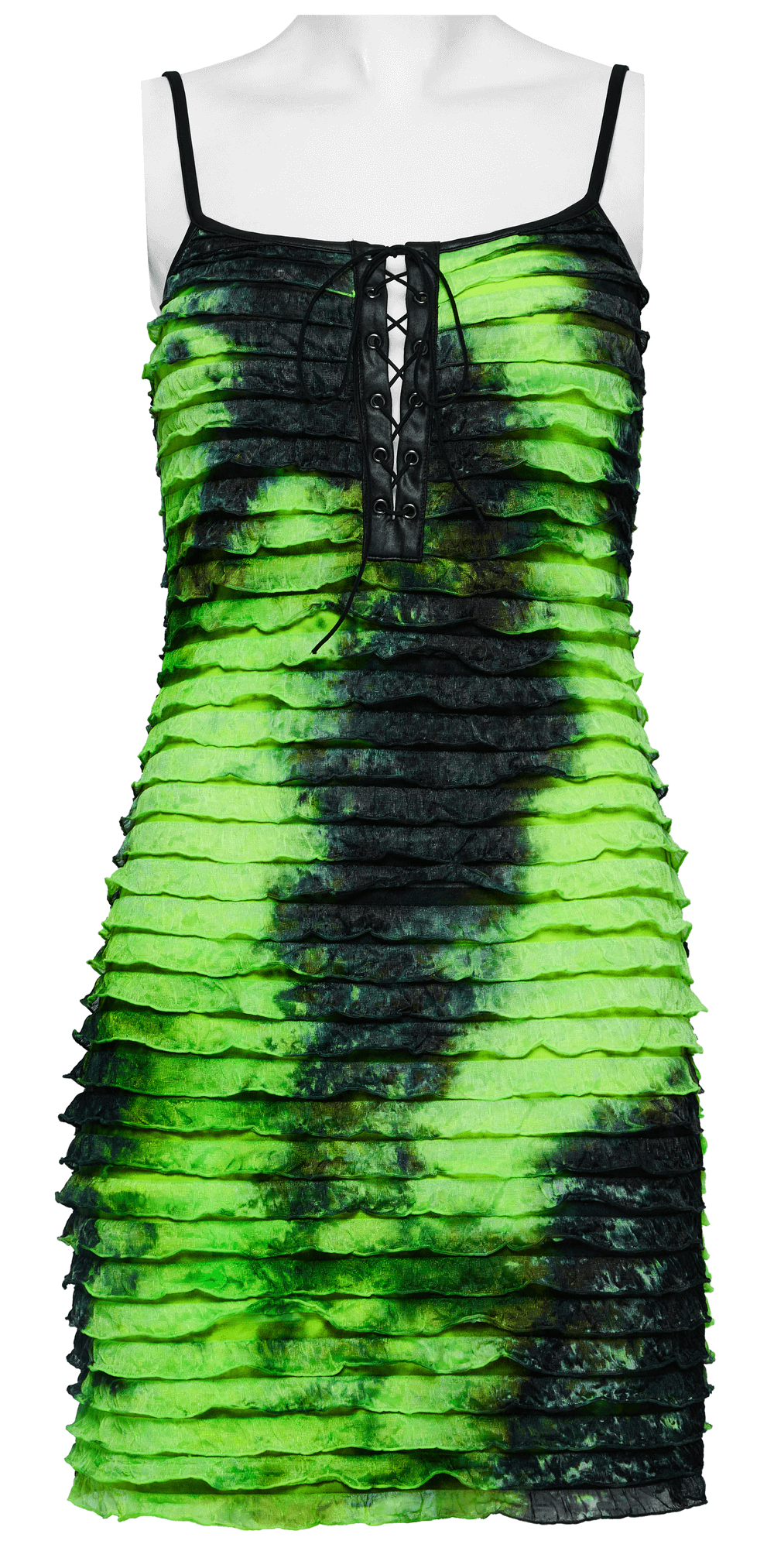 Green and black tie dye ruffle dress with adjustable straps for an edgy night out look.