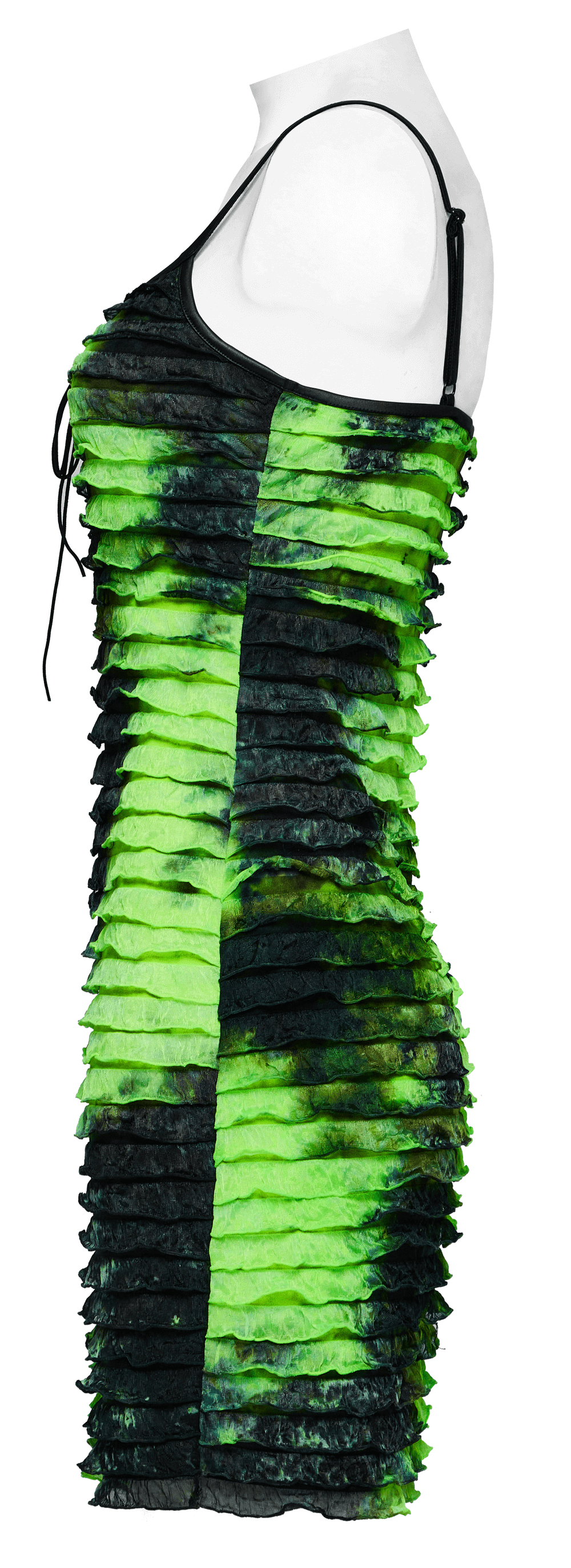 Edgy green and black tie dye ruffle dress with adjustable straps for a bold night out look.