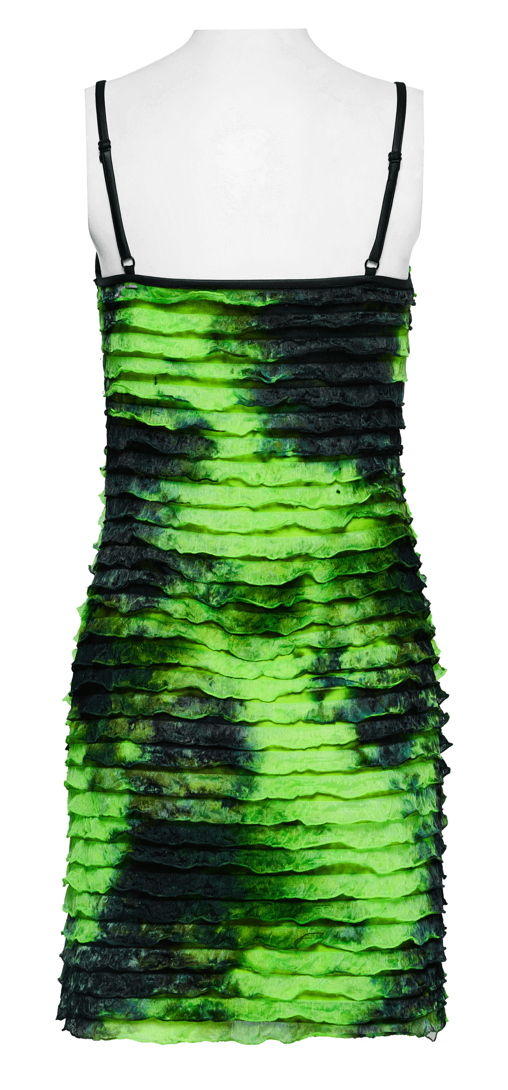 Green and black tie dye ruffle dress with adjustable straps, perfect for a bold night out look.