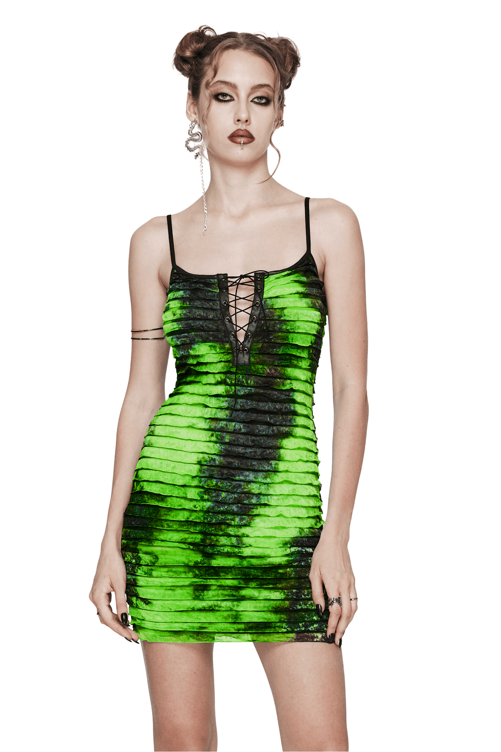 Green and black tie-dye ruffle dress with adjustable straps, featuring a trendy drawstring chest detail.