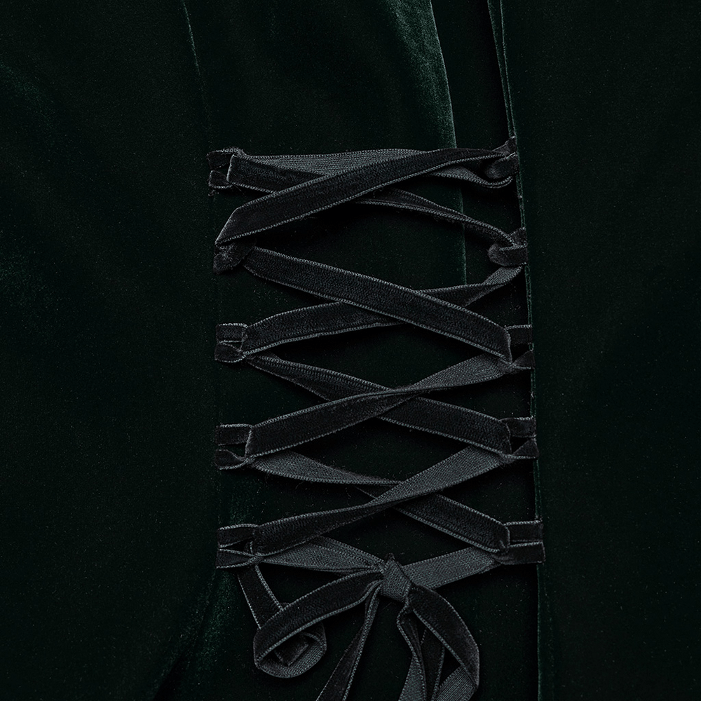 Lace-up back detail of a green velvet Gothic coat showcasing elegant ribbon ties.