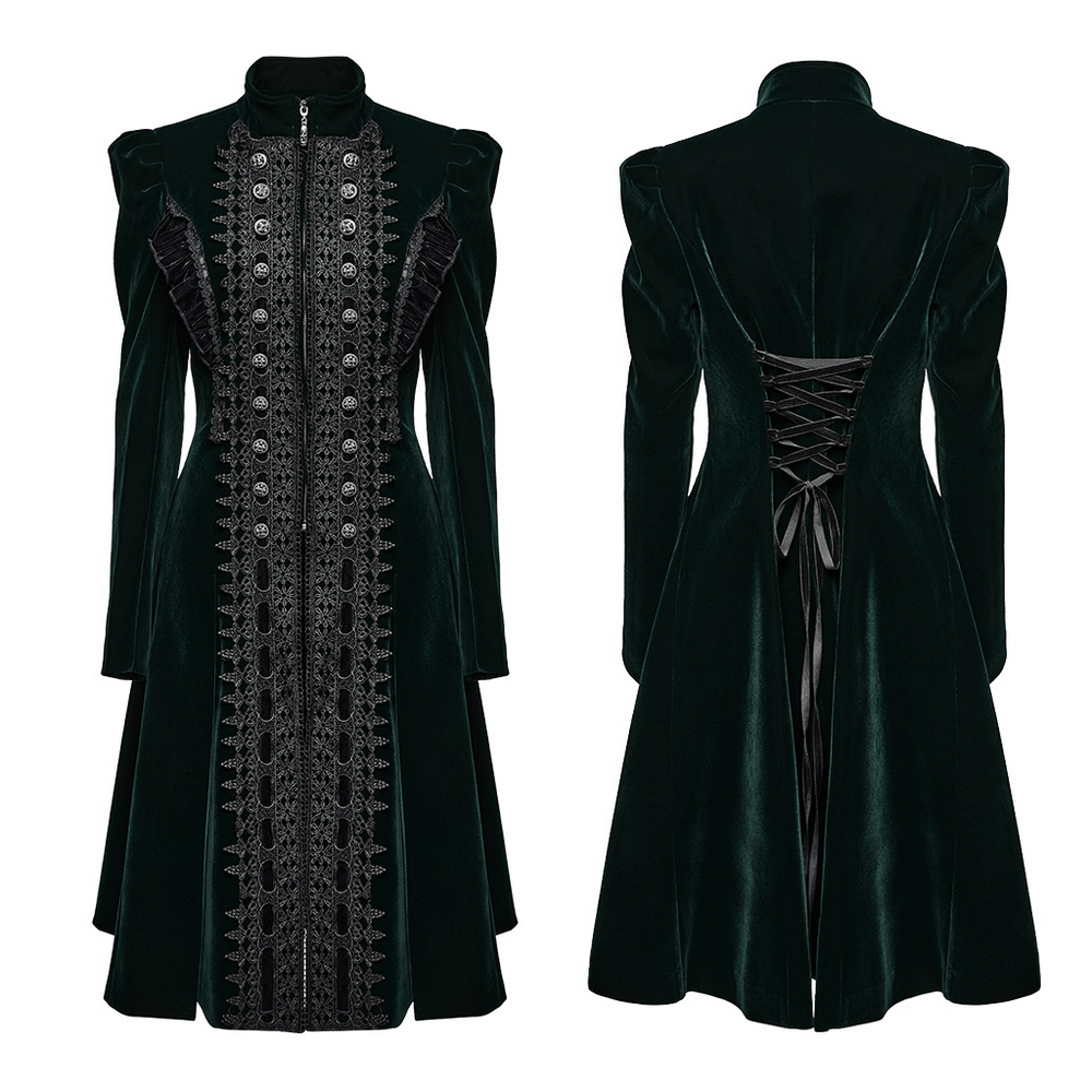 Green velvet Gothic coat with lace details and ruffle accents, featuring an elegant A-line silhouette and lace-up back.