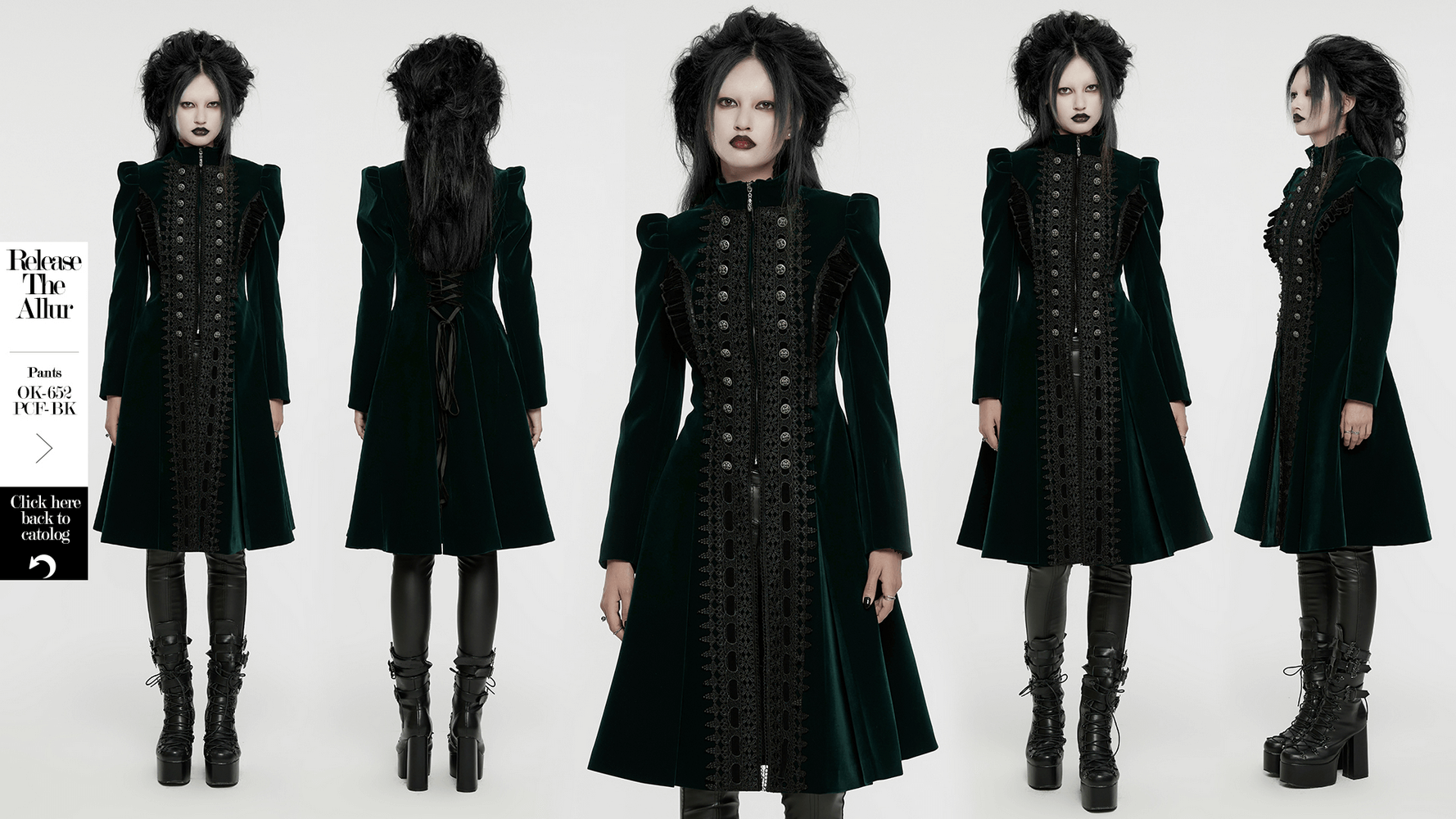 Elegant green velvet Gothic coat with lace details and ruffles, showcasing a dramatic A-line silhouette.