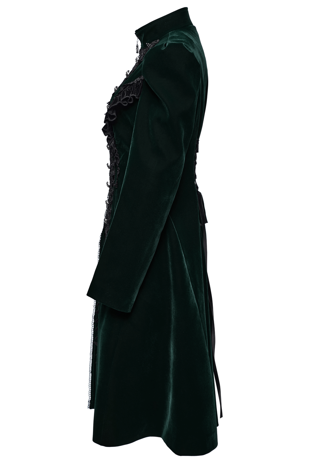 Elegant green velvet Gothic coat with lace and ruffle details, featuring a flattering A-line silhouette.