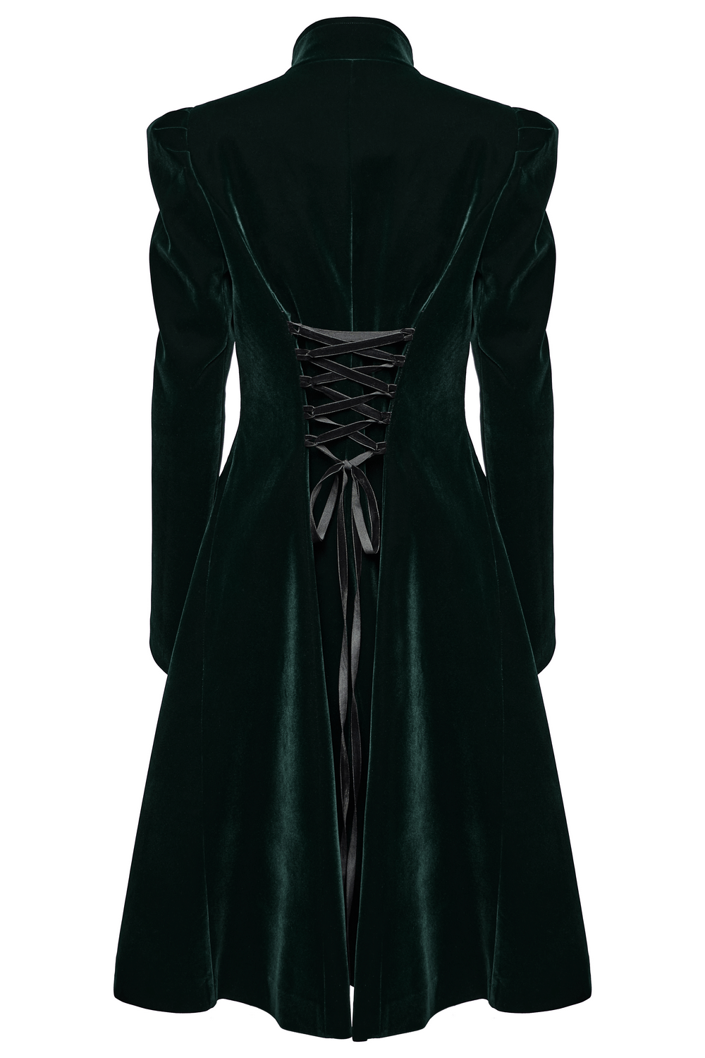 Elegant green velvet Gothic coat featuring lace-up back, ruffled accents, and a dramatic A-line silhouette.