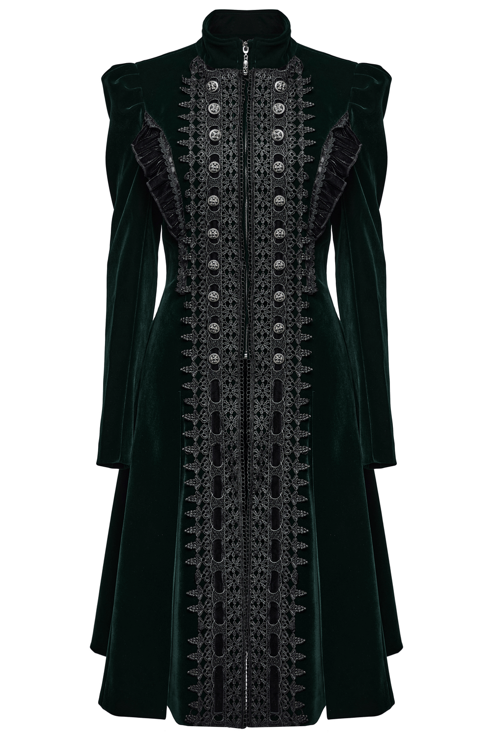 Green velvet gothic coat with lace, ruffles, and detailed buttons for an elegant look.