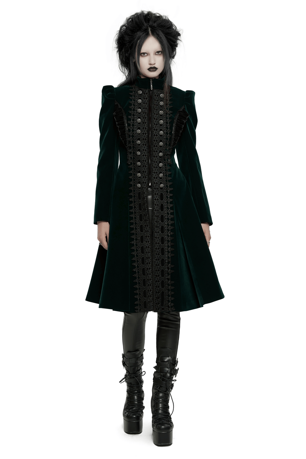 Green velvet Gothic coat with lace and ruffle details, featuring a dramatic A-line silhouette and elegant buttons.