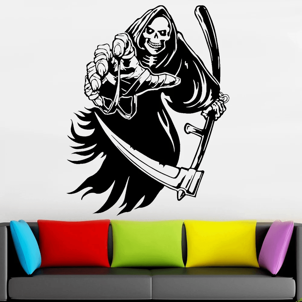 Grim Reaper Skeleton Vinyl Wall Decal Sticker for Decoration in spooky living room with colorful cushions.