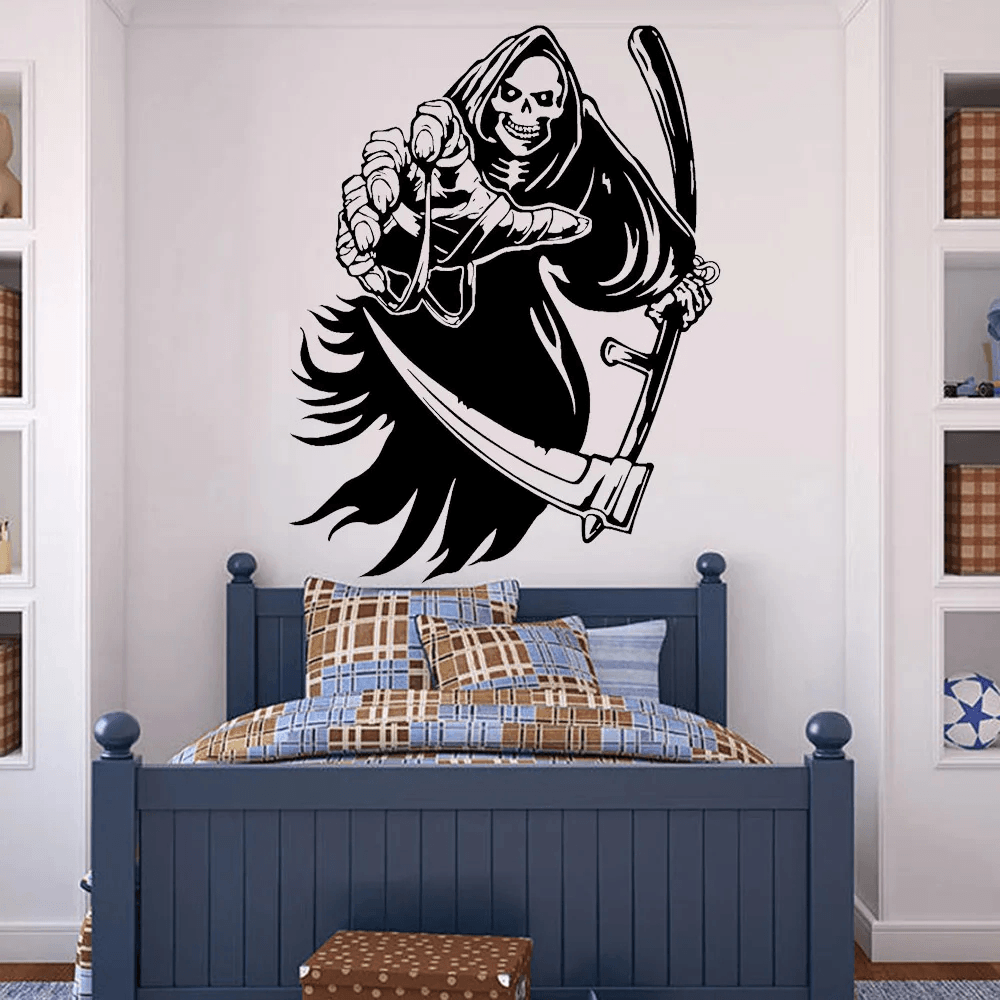 Grim Reaper Skeleton Vinyl Wall Decal Sticker for Decoration in a bedroom setting with stylish blue bed.