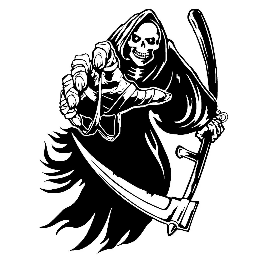 Grim Reaper Skeleton Vinyl Wall Decal Sticker for Decoration featuring a menacing reaper with a scythe.