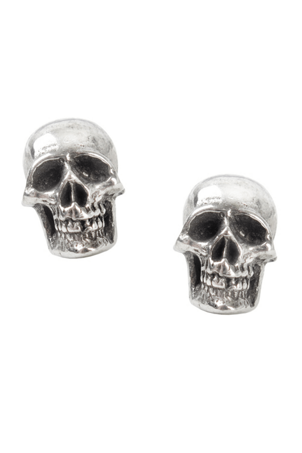 Grim skull ear studs with surgical steel posts, perfect for gothic and punk fashion styles.