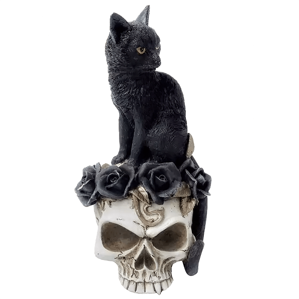 Grimalkin's Ghost cat skull ornament with black roses, a mystical resin sculpture perfect for gothic decor.