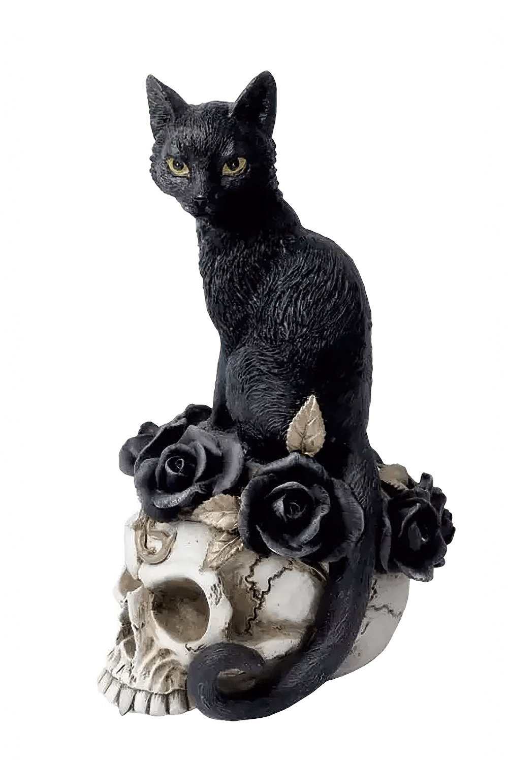 Grimalkin's Ghost Cat Skull Ornament with black cat on skull and dark roses, perfect for gothic decor.