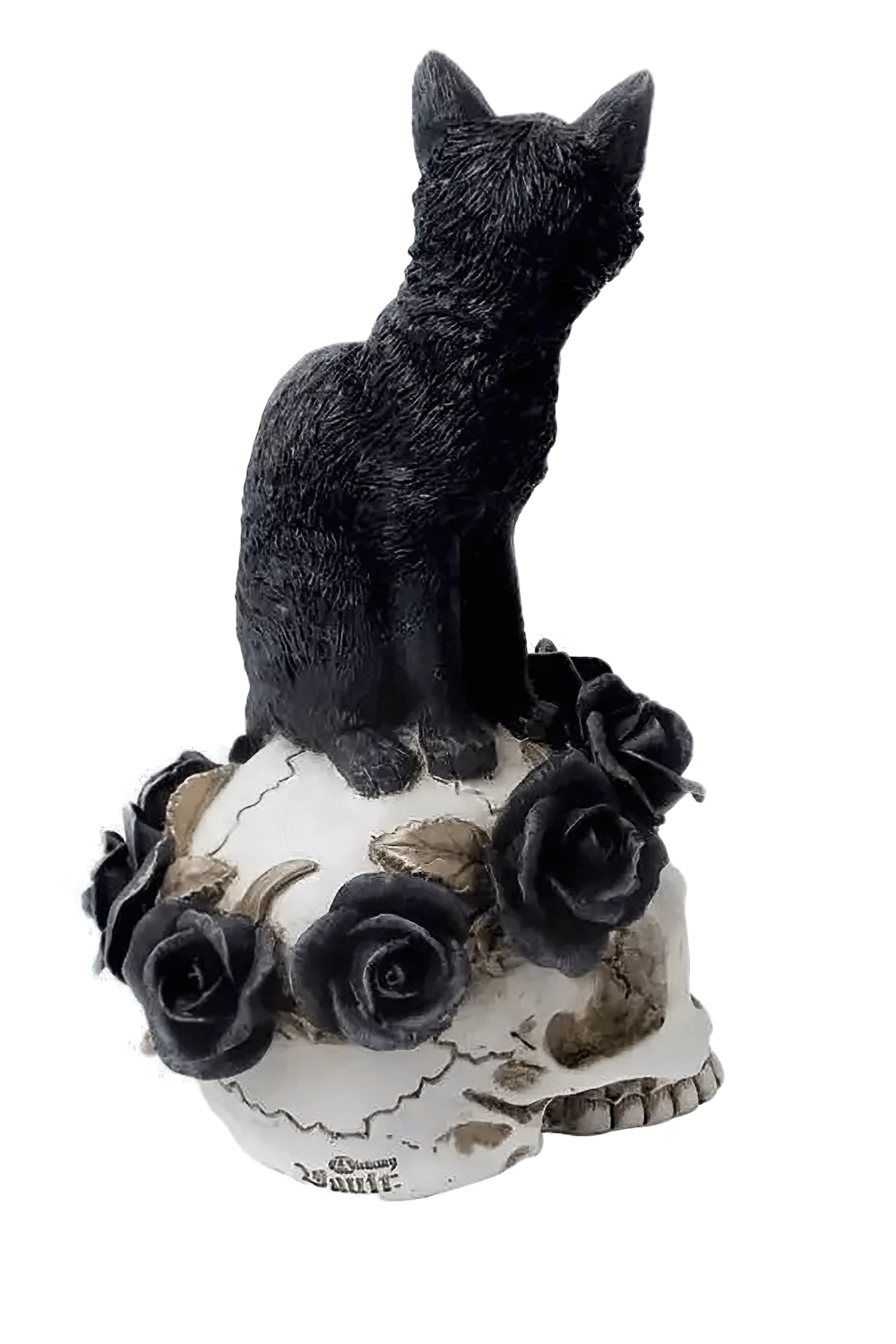 Grimalkin's Ghost cat skull ornament with black roses, perfect for gothic and witchcraft decor.