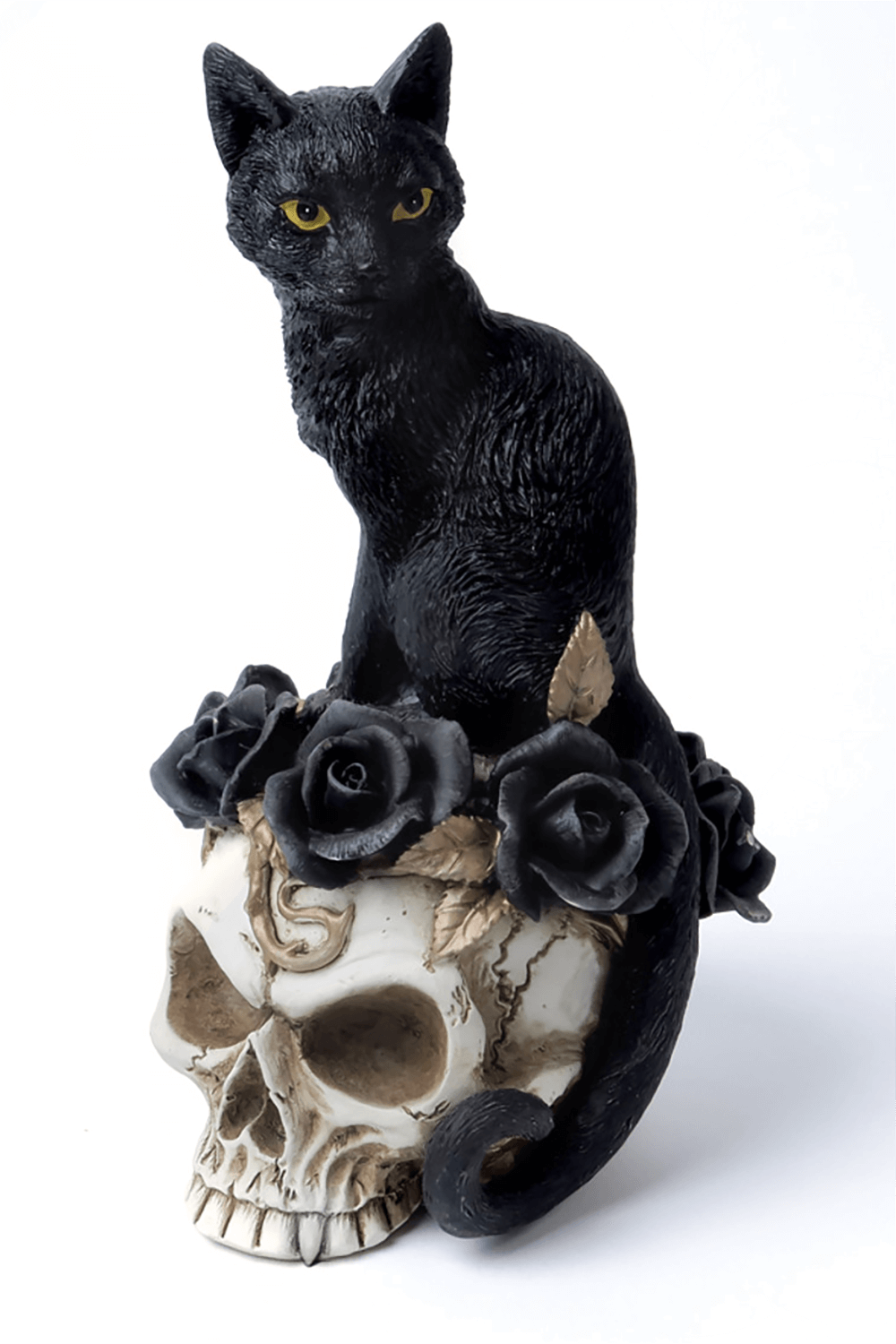 Grimalkin's Ghost cat skull ornament with black roses, perfect for gothic decor and witchcraft themes.